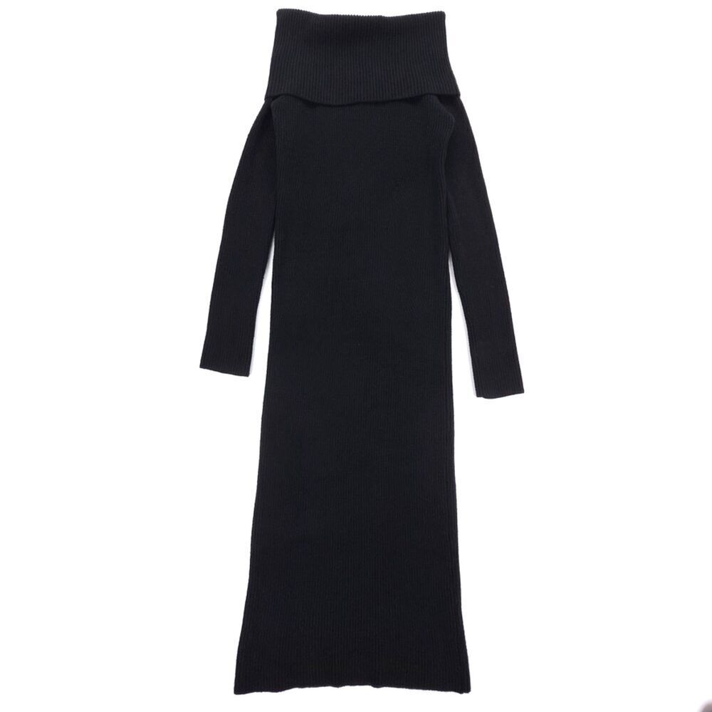 Modern Citizen Fold Over Sweater Dress Ribbed Knit Off Shoulder Midi Black Small